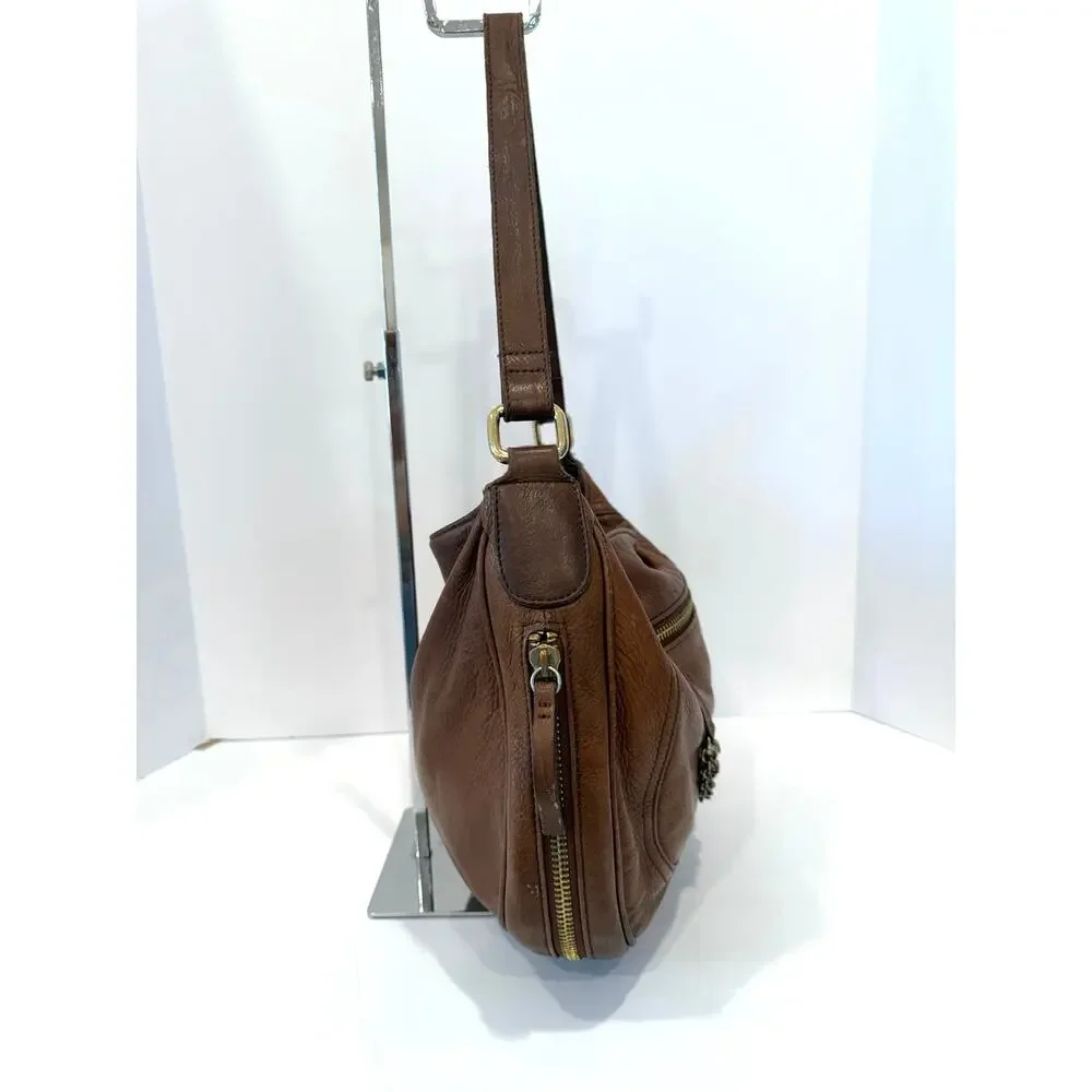 Halogen Brown Leather Medium Chain Accent Expanding Crossbody Purse‎ Bag